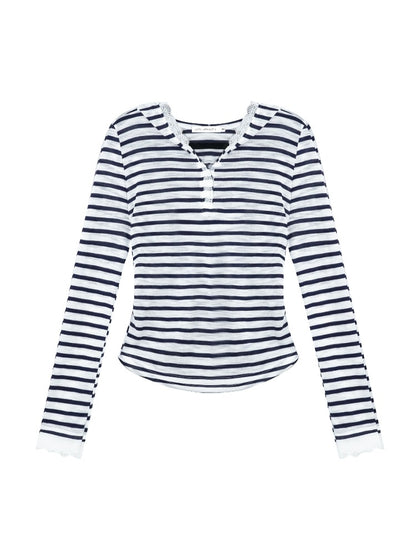 Striped Color-block Lace Spliced T-Shirt - CHINASQUAD