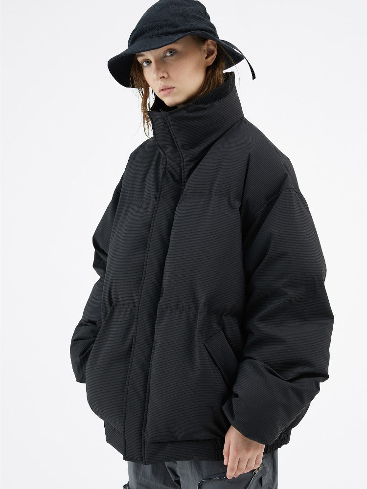Textured Stripe-Panel Oversized Winter Puffer Jacket