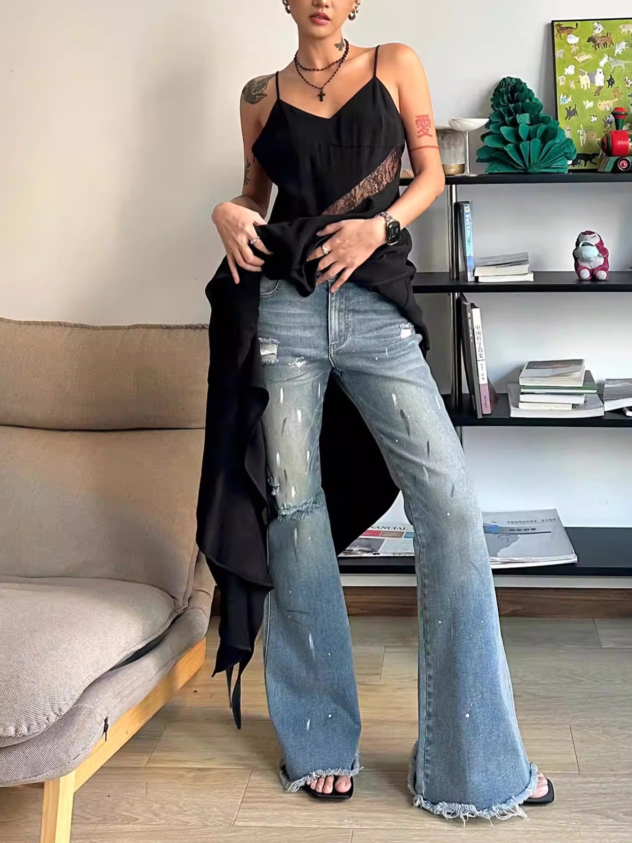 Paint-Splatter Flared Denim Pants