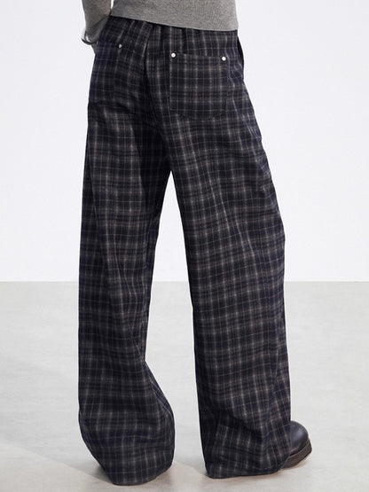 Plaid Fleece-Lined Wide-Leg Trousers
