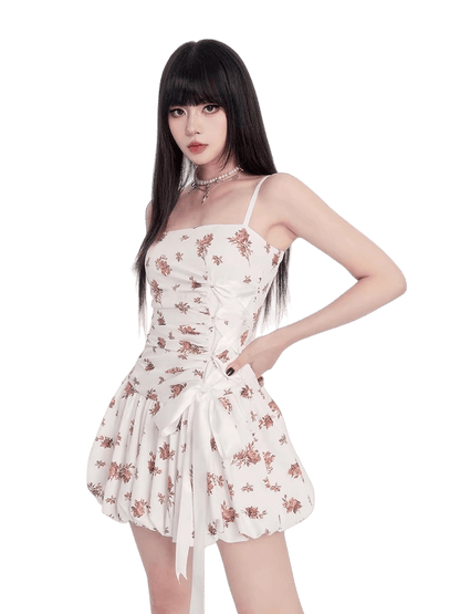 Dream French Floral Bow Waist Puff Dress