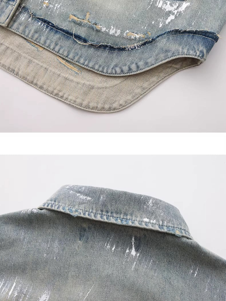 Silver-Foil Raw-Edge Oversized Denim Shirt