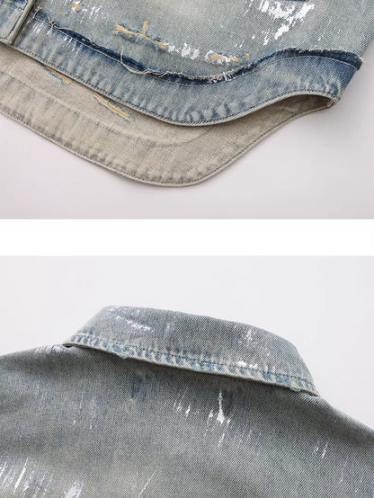 Silver-Foil Raw-Edge Oversized Denim Shirt