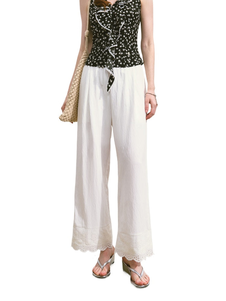 Solid-colored Breathable Lace Wide-leg Pants