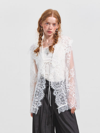 Hooded Lace Panel Overlay Blouse