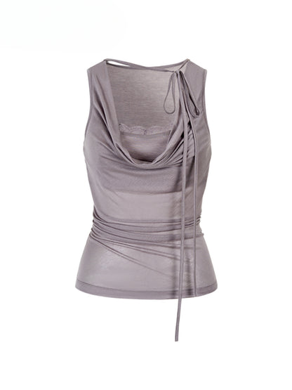Fake Two-piece Spliced Lace Swing-neck Tank Top - CHINASQUAD