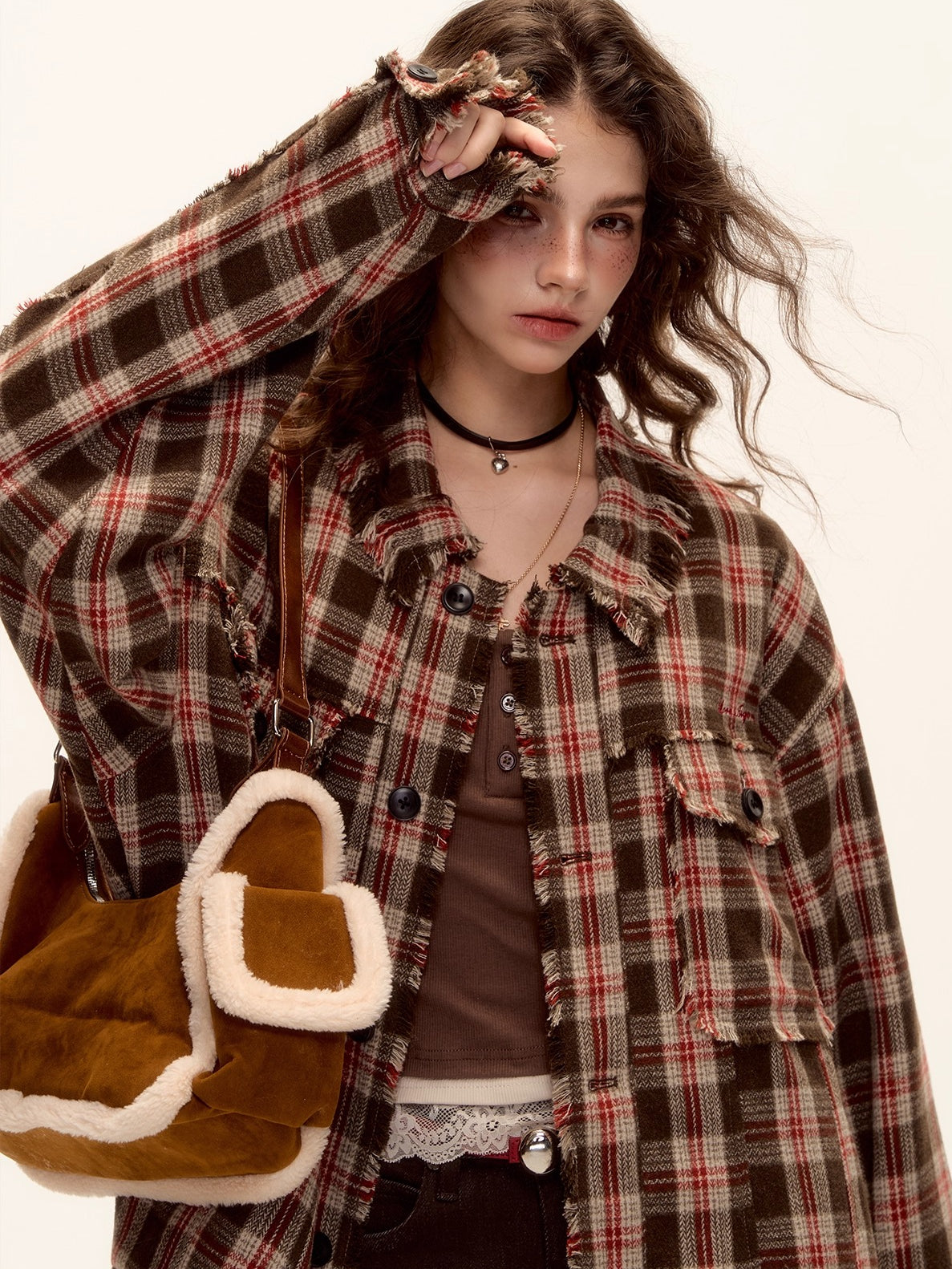 Wool Blend Checkered Contrast Fringe Shirt