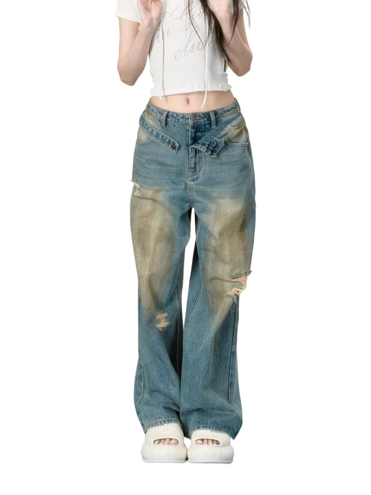 Distressed Frayed-hem Denim Straigh-Leg Pants