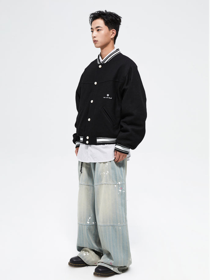 Splattered Wash Stripe Texture Workwear Denim Pants