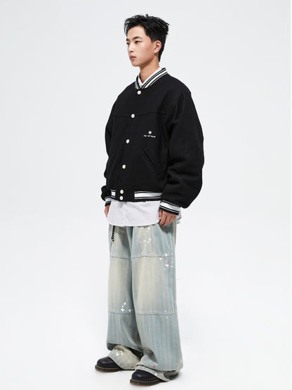 Splattered Wash Stripe Texture Workwear Denim Pants