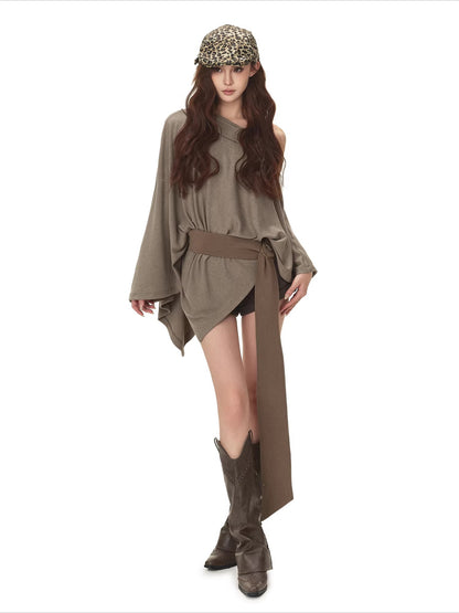 Cape-Style Off-Shoulder Long T-Shirt