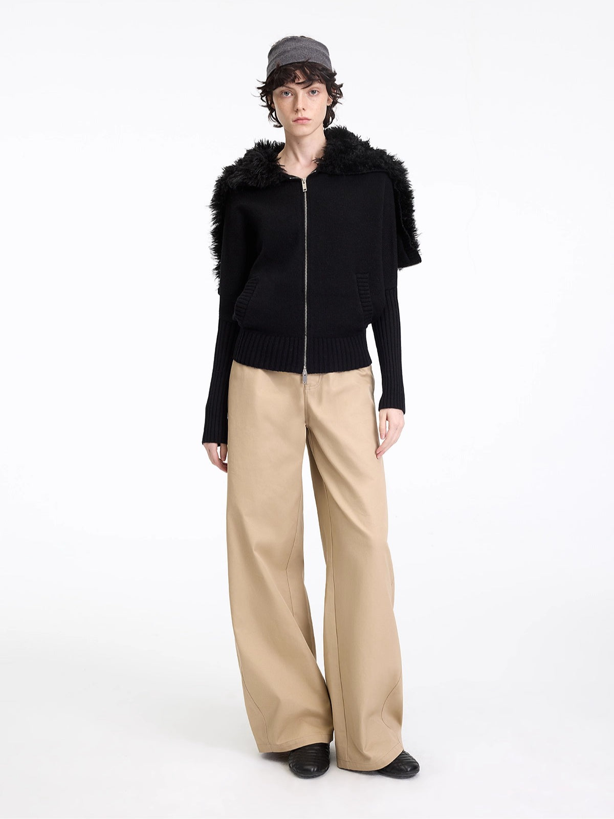 Wool-Blend Hooded Faux Fur Collar Knit Jacket