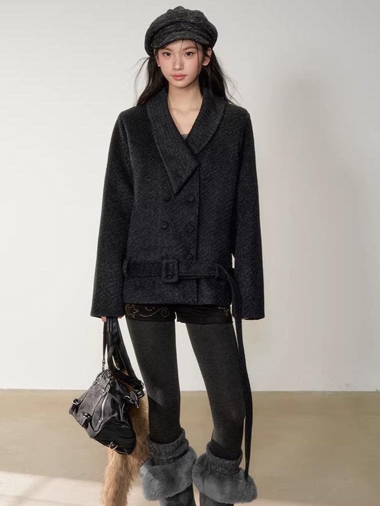 Fur-Collar Double-Breasted Wool Jacket