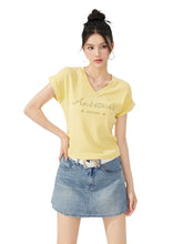 V-neck Waist-cinching Rhinestone Tee - CHINASQUAD