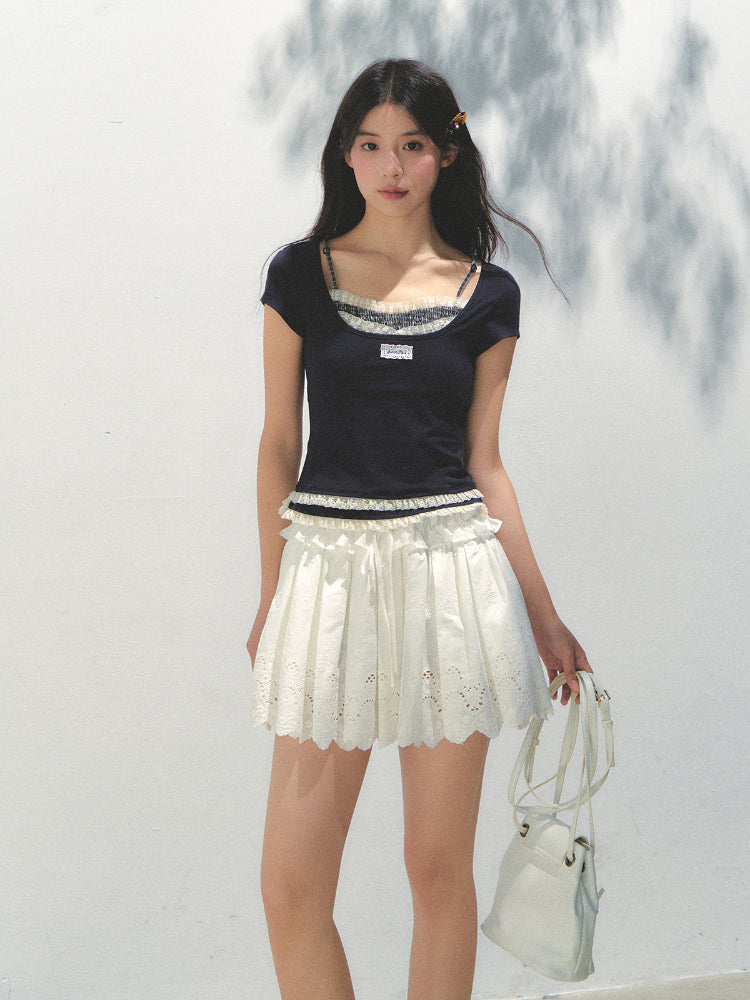 Two-piece Spliced Hem Lace Short-sleeve T-shirt - CHINASQUAD