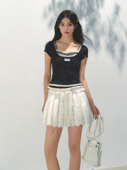 Two-piece Spliced Hem Lace Short-sleeve T-shirt - CHINASQUAD