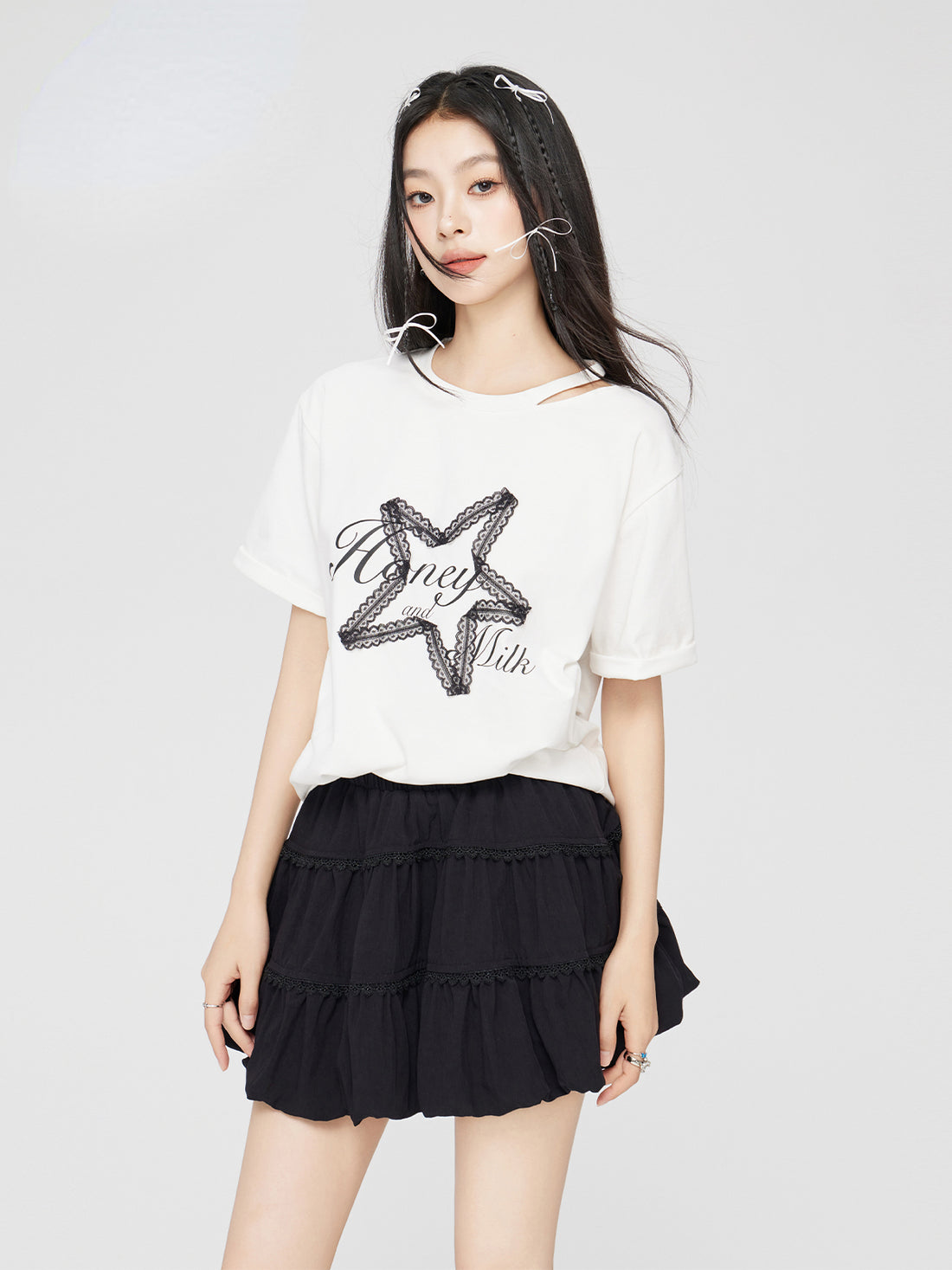 White Lace Stitching Star T-Shirt