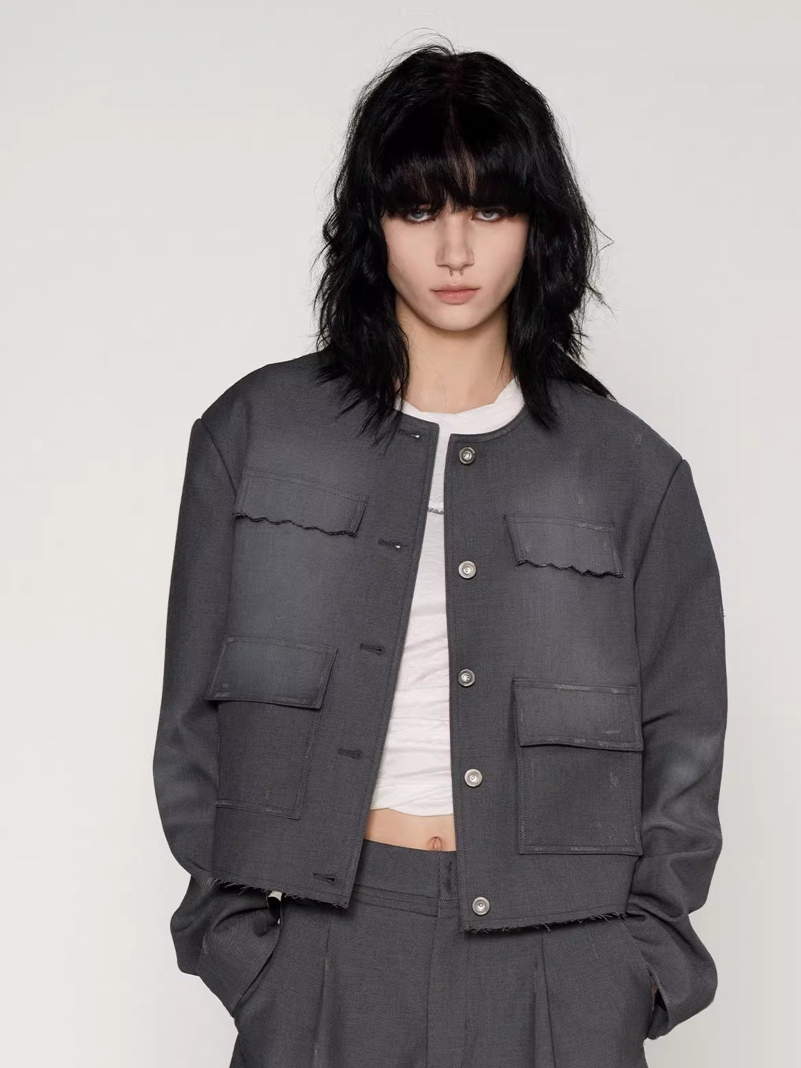 Washed Fringe-Edge Collarless Cropped Blazer