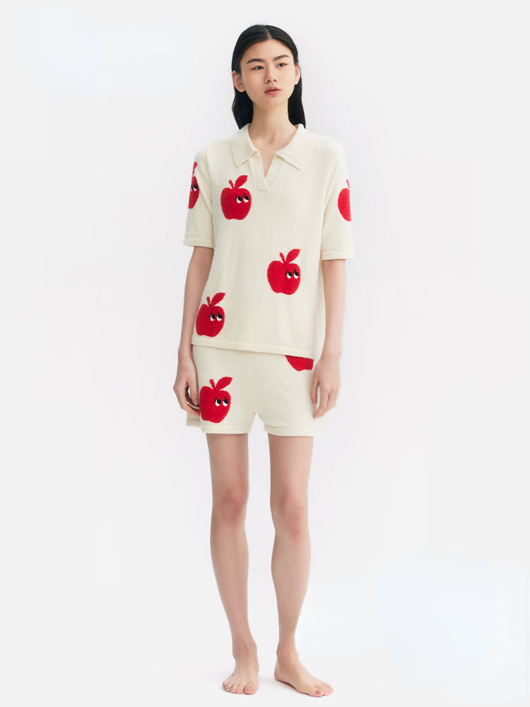 Red &amp; Black Apple Pattern Knitted Short Pajamas