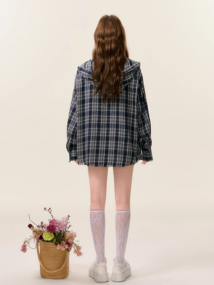 Plaid Hooded Long Sleeve Shirt &amp; Skirt Set