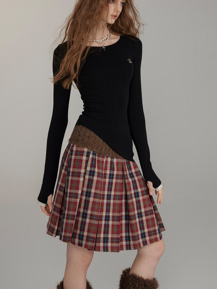 Patchwork Button Wool Pleated Skirt