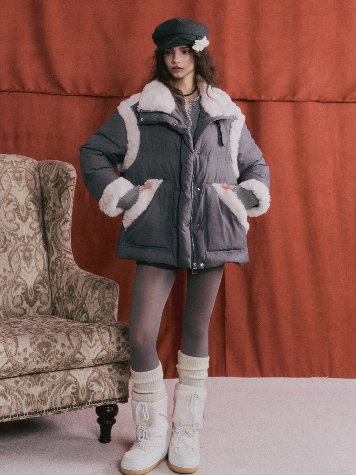 Faux Shearling Panel Down Jacket