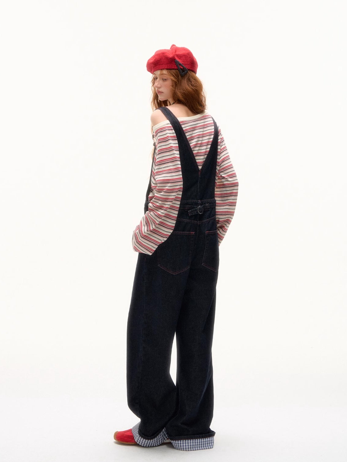 Raw Denim Wide-Leg Overalls with Red Stitching