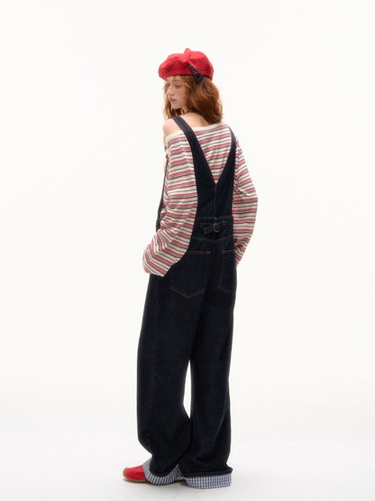 Raw Denim Wide-Leg Overalls with Red Stitching
