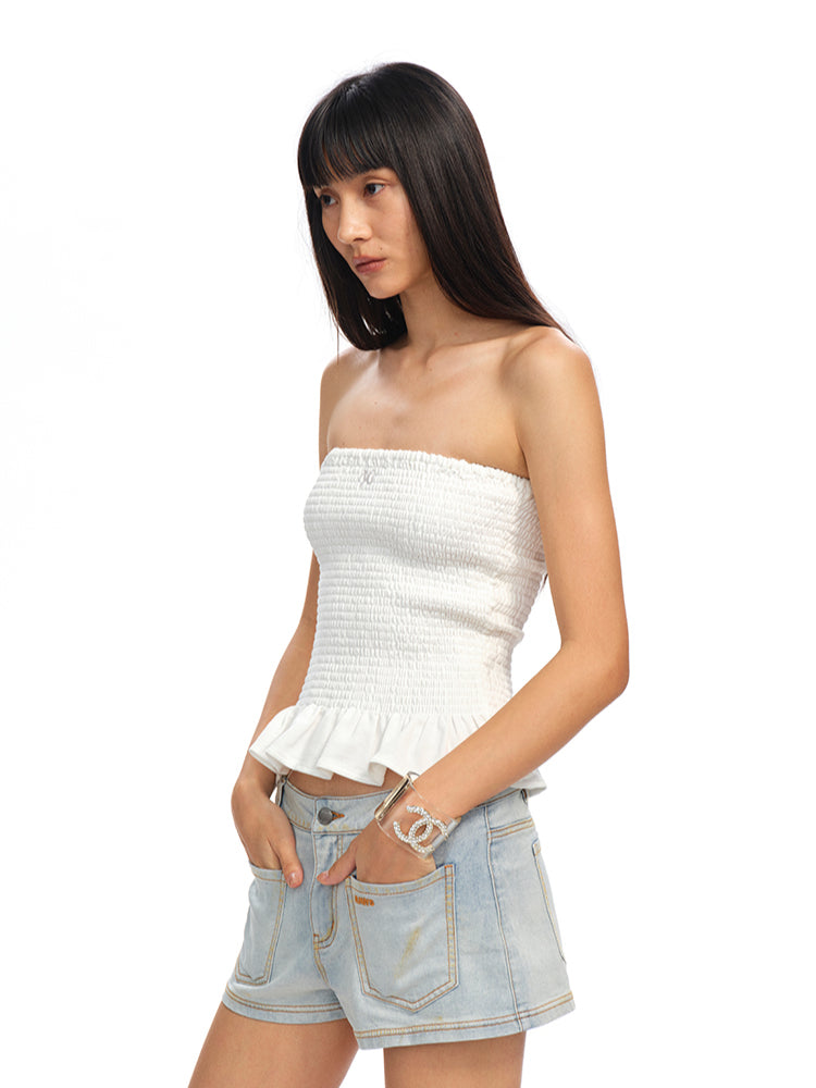 Ruffled Textured Strapless Vest - CHINASQUAD