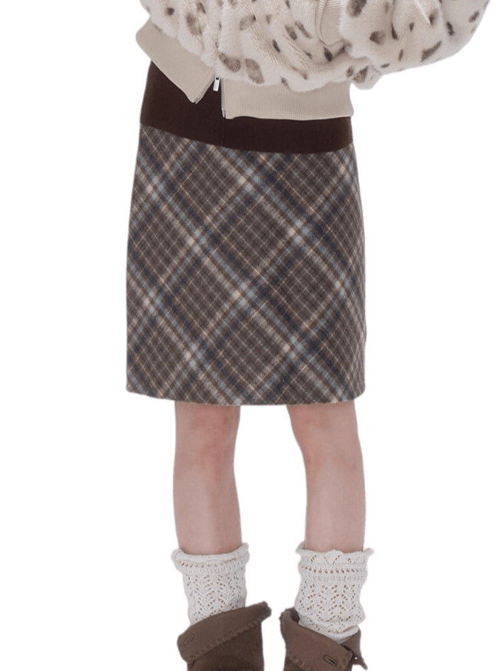 Vintage Plaid Wool-Blend Slim Midi Skirt