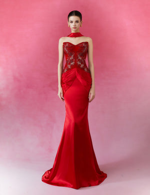 Scarlet Embroidered Halter Neck Mermaid Gown