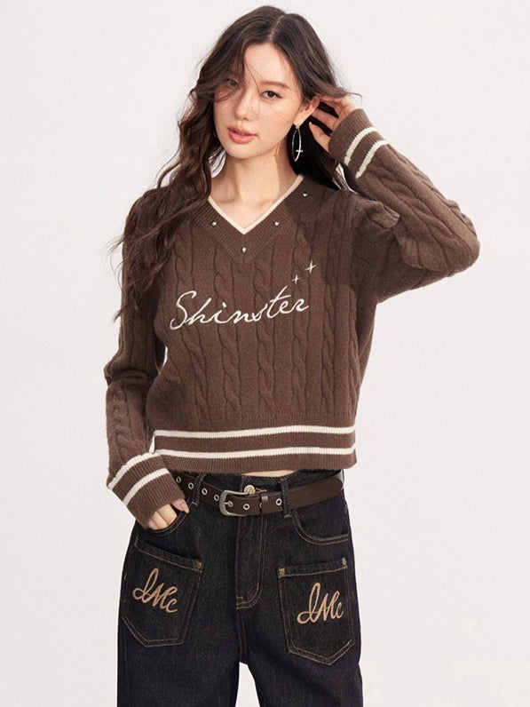 Layered-Effect Embroidered Knit V-Neck Sweater
