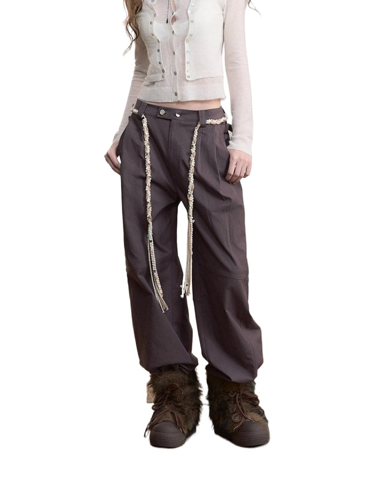 Pleated Double-Button Straight Wide-Leg Pants