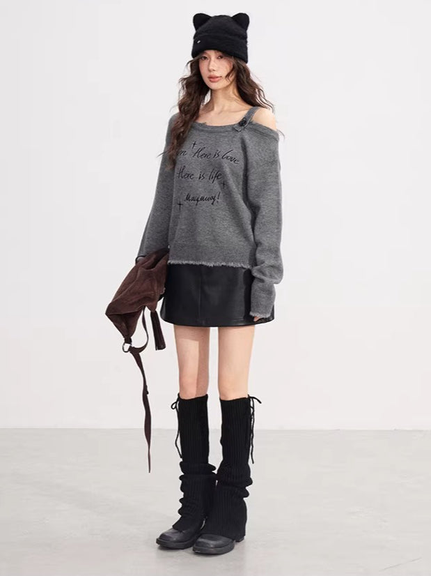 Deconstructed Off-Shoulder Embroidered Knit Sweater