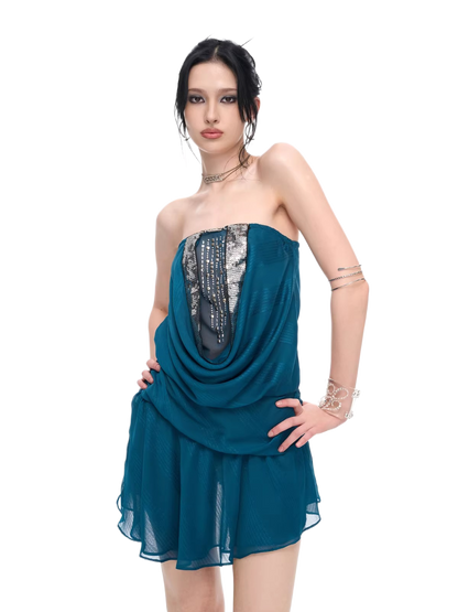 Teal Embellished Draped Strapless Chiffon Mini Dress