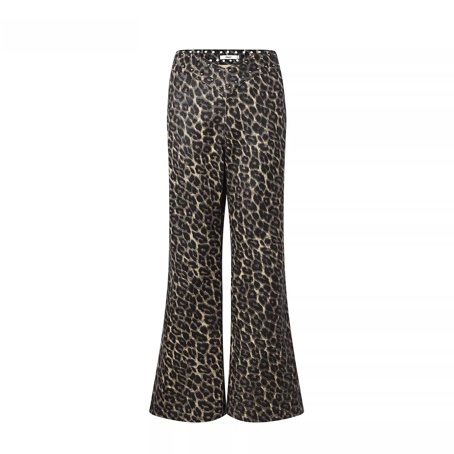 Studded Leopard-Print Micro-Flared Denim Pants