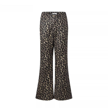 Studded Leopard-Print Micro-Flared Denim Pants