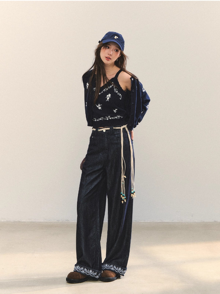 Embroidered Belt High-Waist Straight Pants