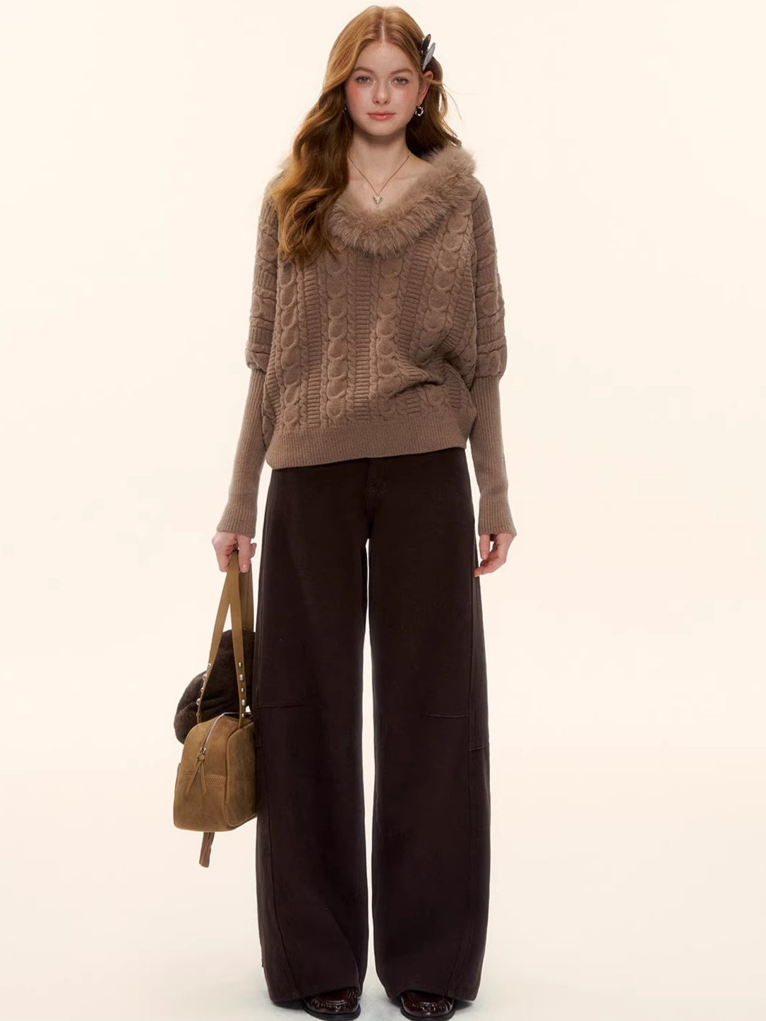 Cable-Knit V-Neck Waist-Shaping Sweater
