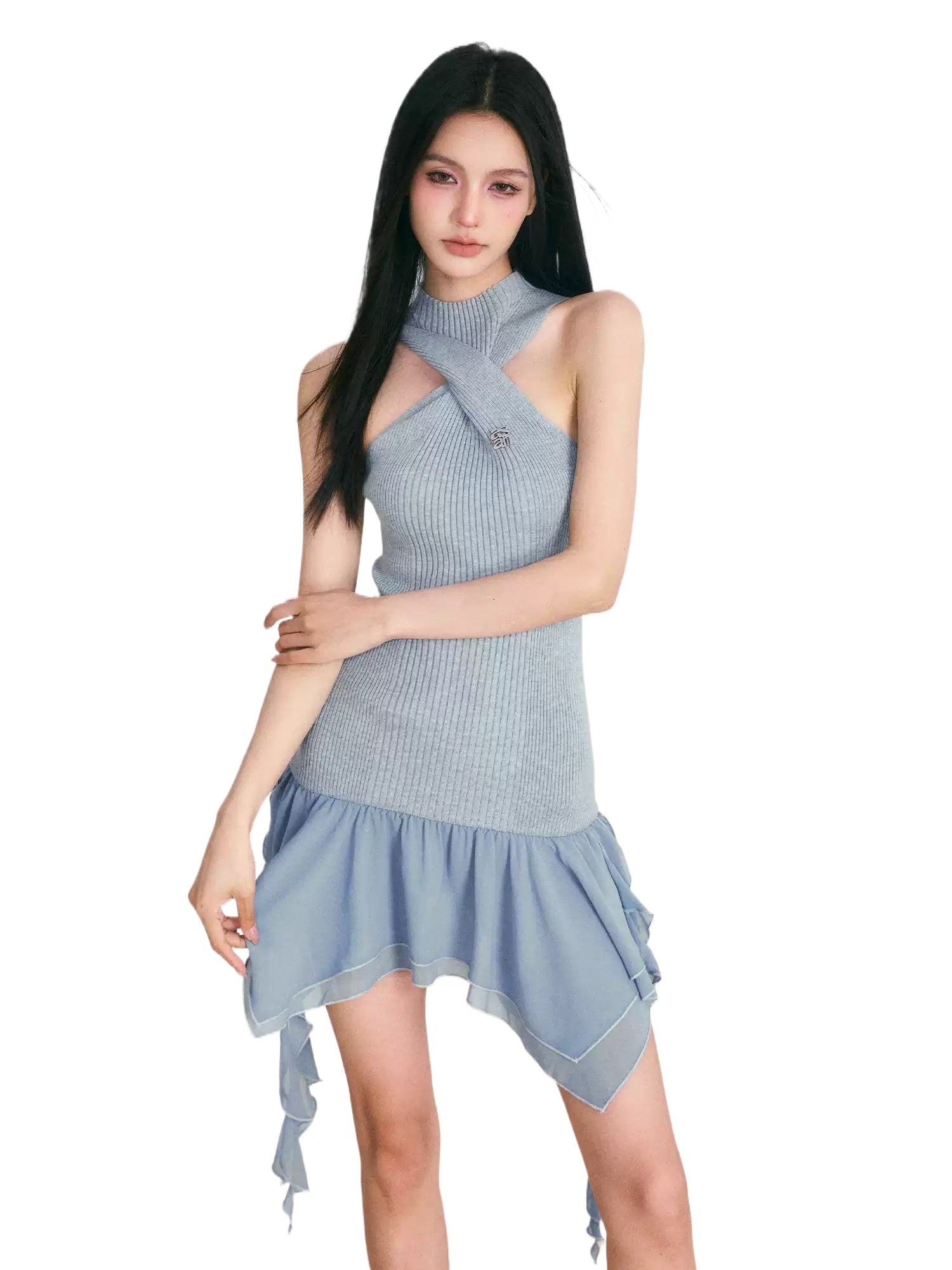 Blue Irregular Ruffled Mini Dress