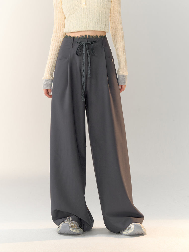 Lace Spliced High-Waisted Straight-Leg Wide Pants