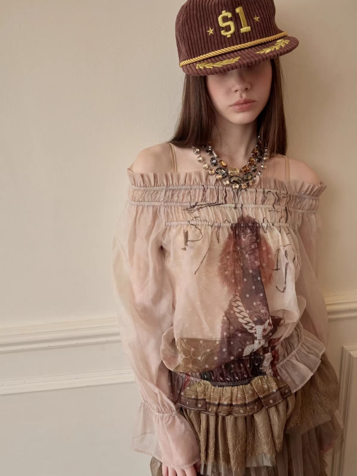 Sheer Chiffon Graphic Long-Sleeve Top