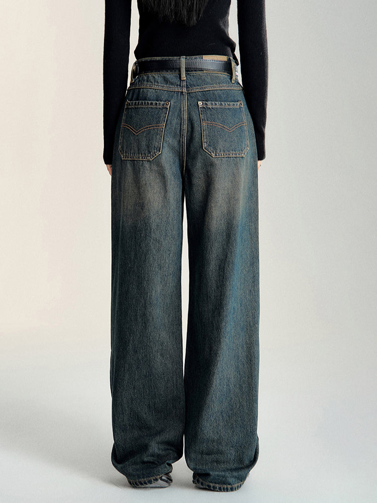 Vintage Blue Wide-leg Distressed Denim Pants