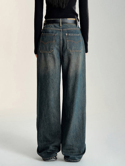 Vintage Blue Wide-leg Distressed Denim Pants