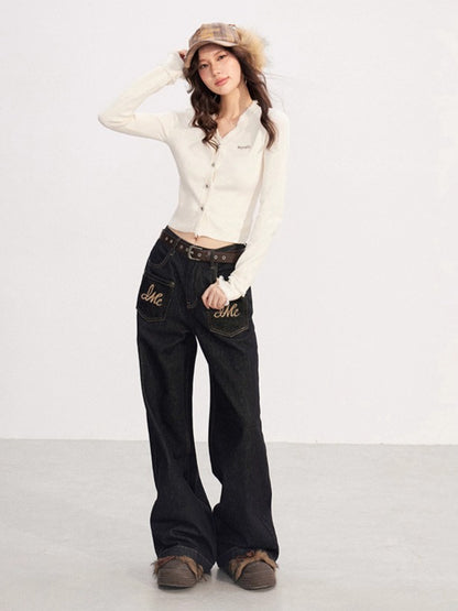 Embroidered Vintage Wide-Leg Denim Pants