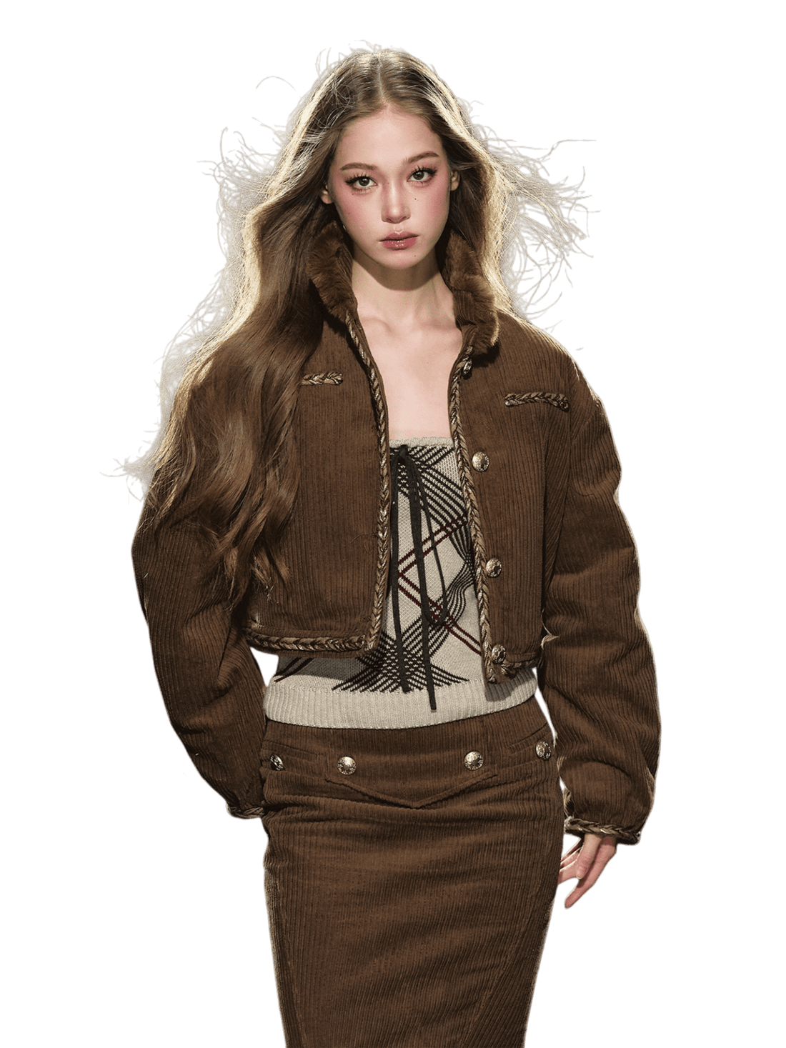Corduroy Fur-Collar Jacket &amp; Skirt Set