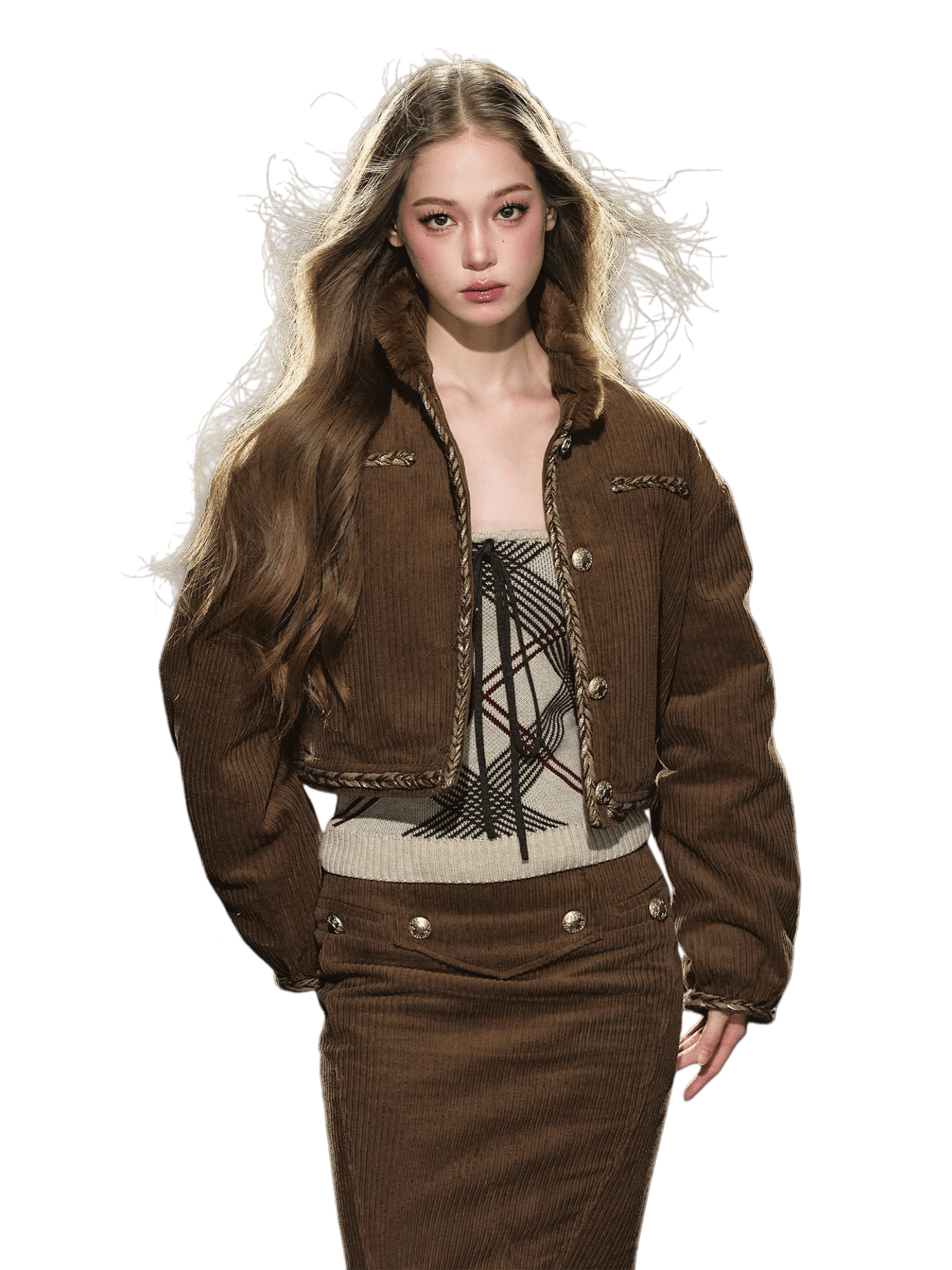 Corduroy Fur-Collar Jacket &amp; Skirt Set