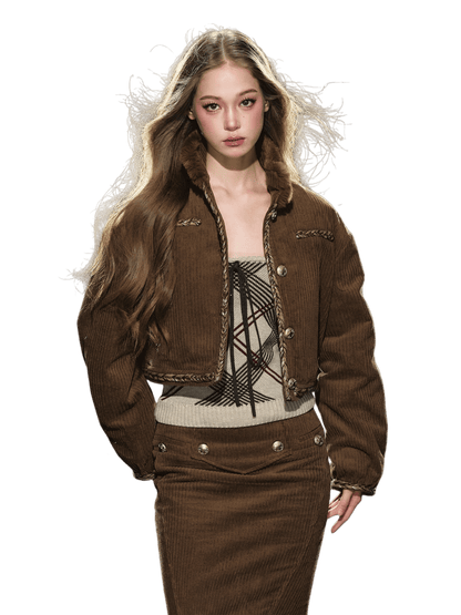 Corduroy Fur-Collar Jacket &amp; Skirt Set