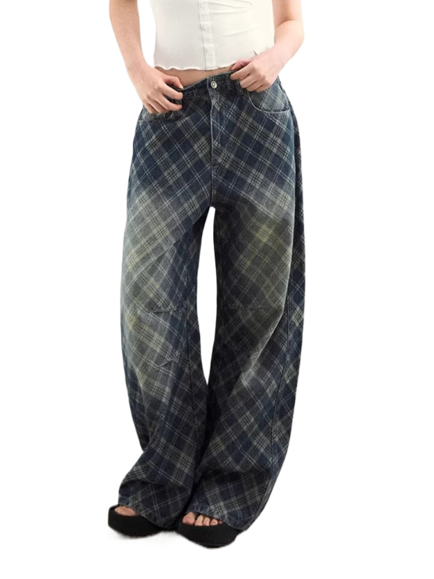 Vintage Washed Plaid Denim Pants
