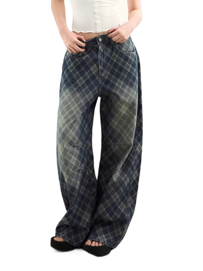 Vintage Washed Plaid Denim Pants